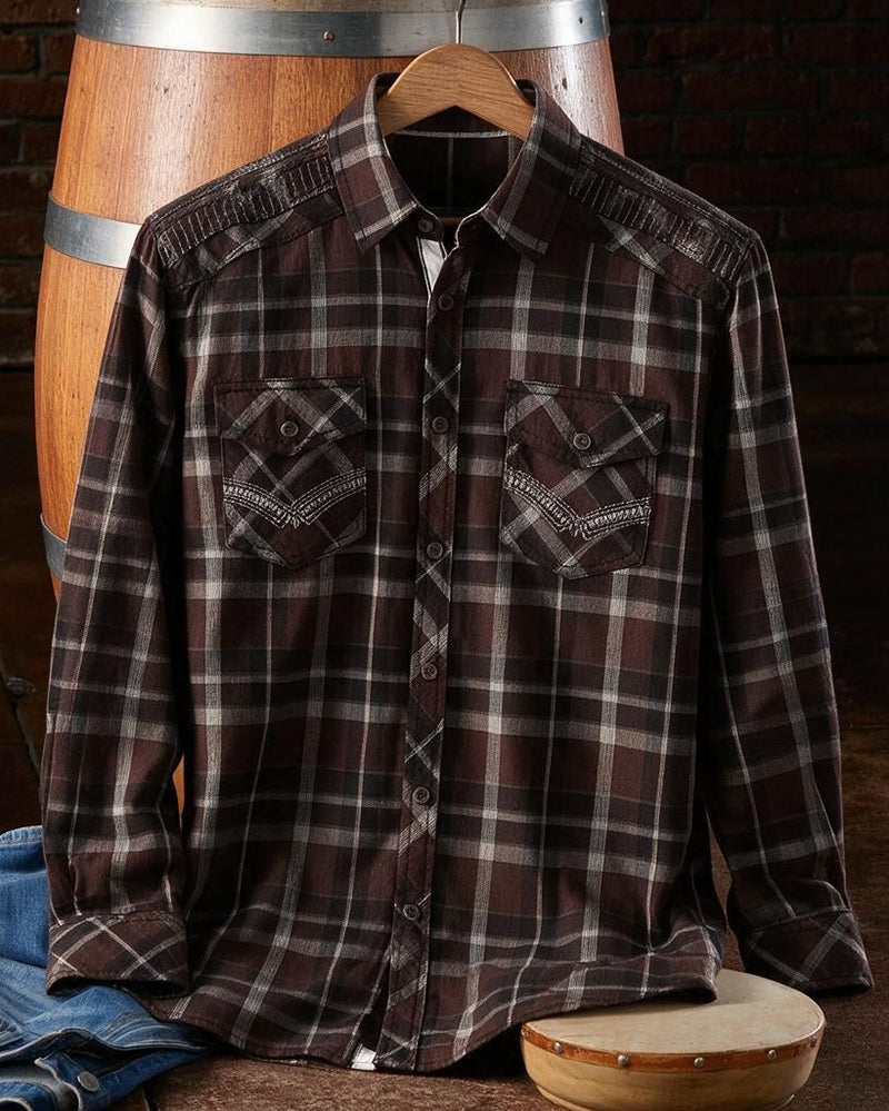 Maroon Black Contrast Cuff Athletic Plaid Shirt