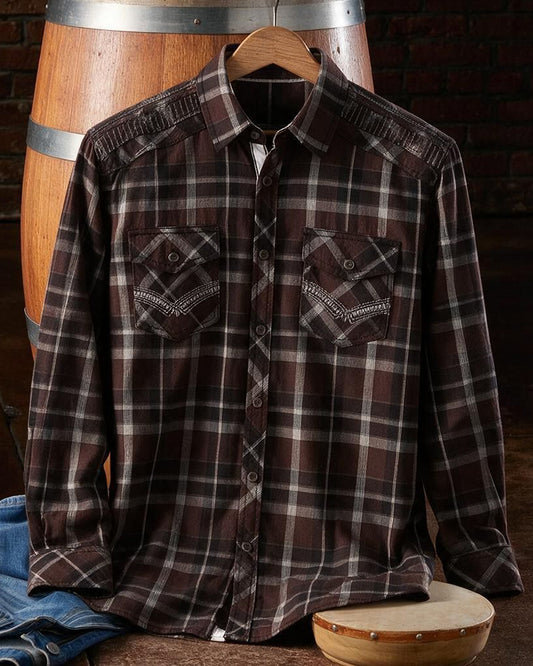 Maroon Black Contrast Cuff Athletic Plaid Shirt