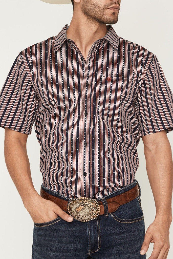 Men's Stripe Steerhead Short Sleeve Button-Down Stretch Western Shirt