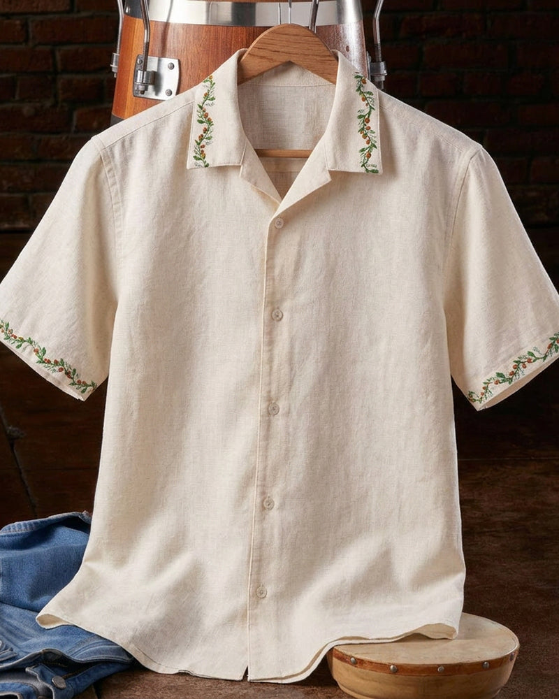 Men's Camp Collar Floral Trim Short Sleeve Shirt