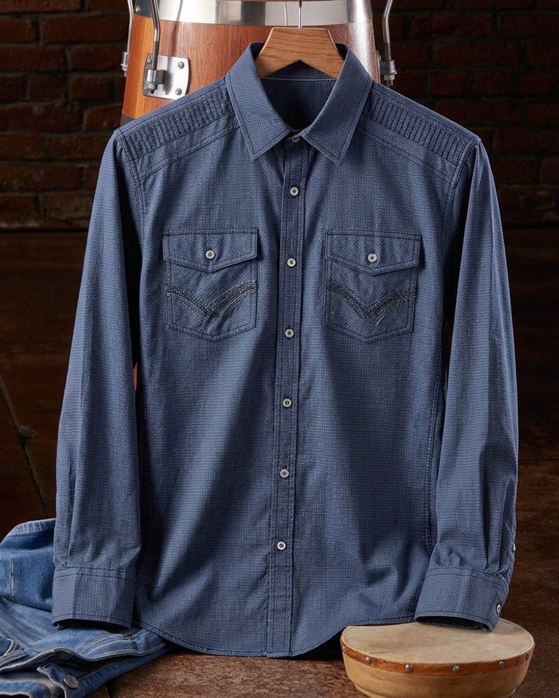 Blue Textured Contrast Cuff Western Long Sleeve Shirt