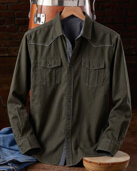 Olive Contrast Trim Athletic Western Snap Shirt