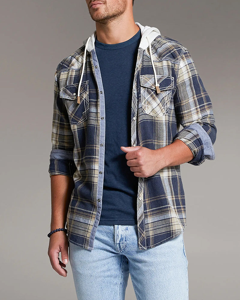 Vintage Plaid Drawstring Hooded Shirt