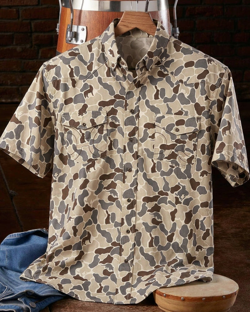 Grey Camo Printed Western Snap Button Short Sleeve Shirt