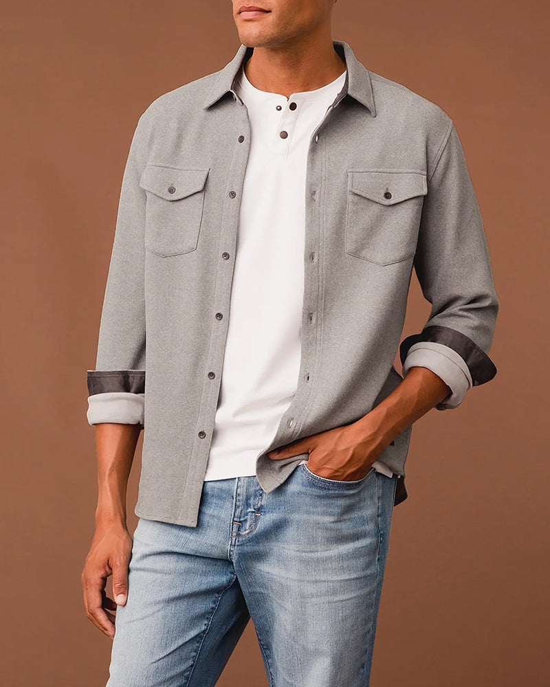 Grey Knit Contrast Cuff Casual Long Sleeve Shirt