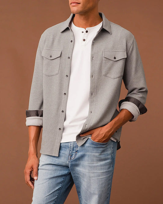 Grey Knit Contrast Cuff Casual Long Sleeve Shirt