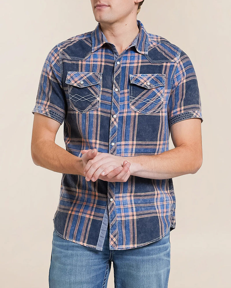 Blue Coral Washed Short Sleeve Standard Plaid Shirt