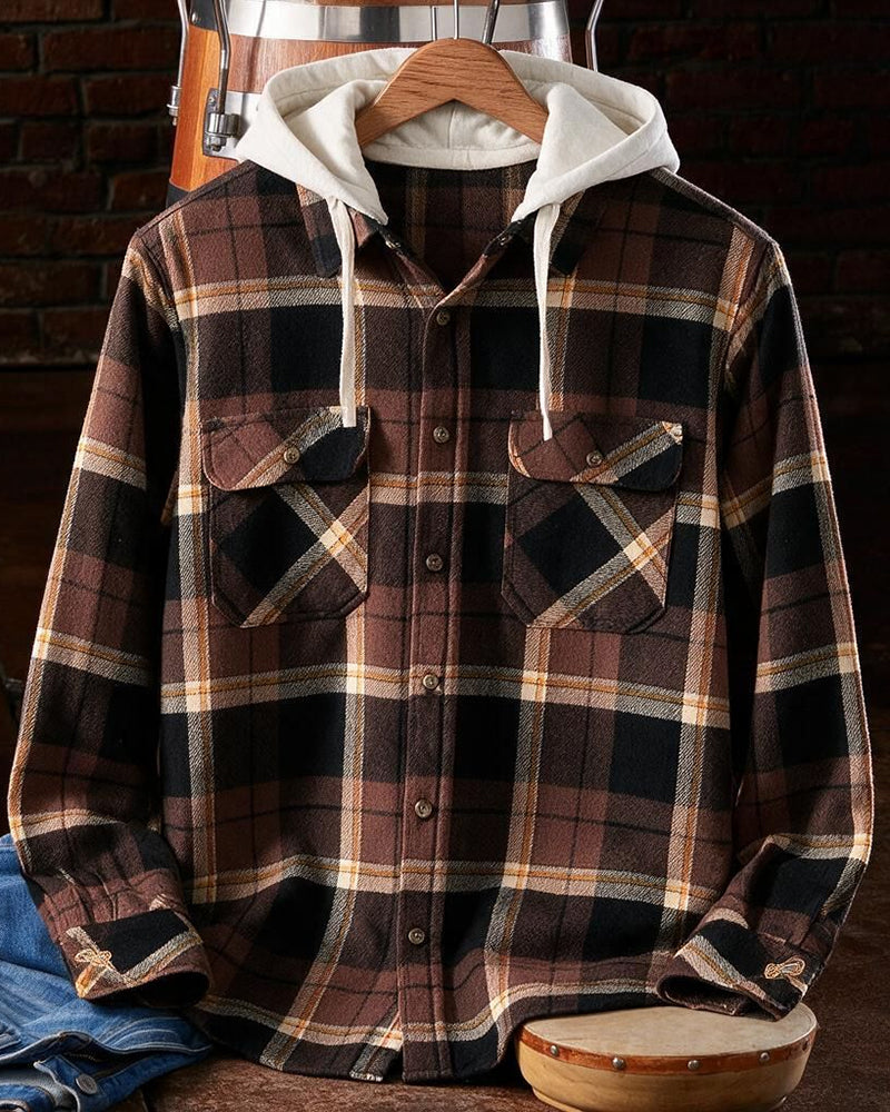 Removable Hood Earth Tone Plaid Shirt