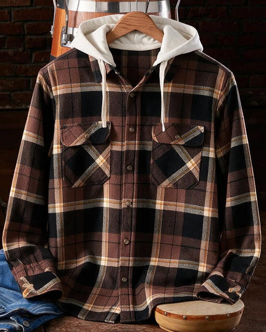 Removable Hood Earth Tone Plaid Shirt