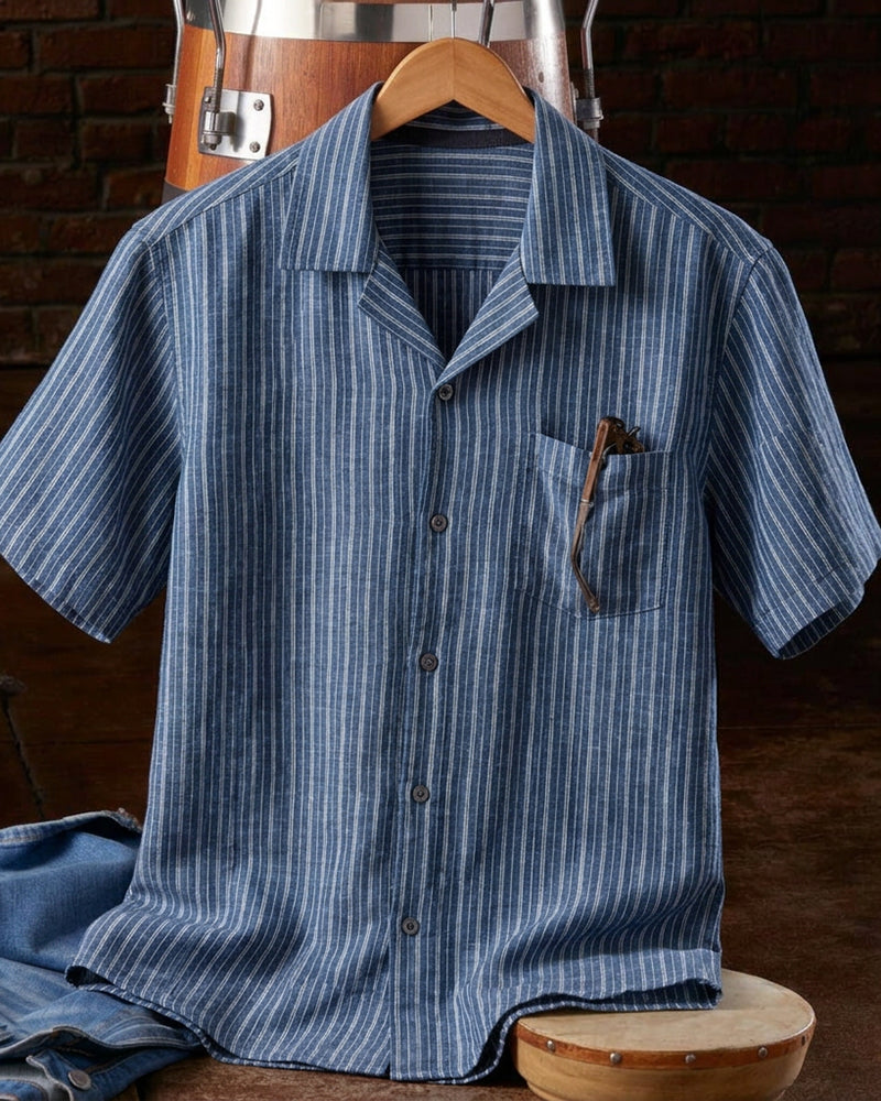 Navy White Thin Stripe Camp Collar Shirt