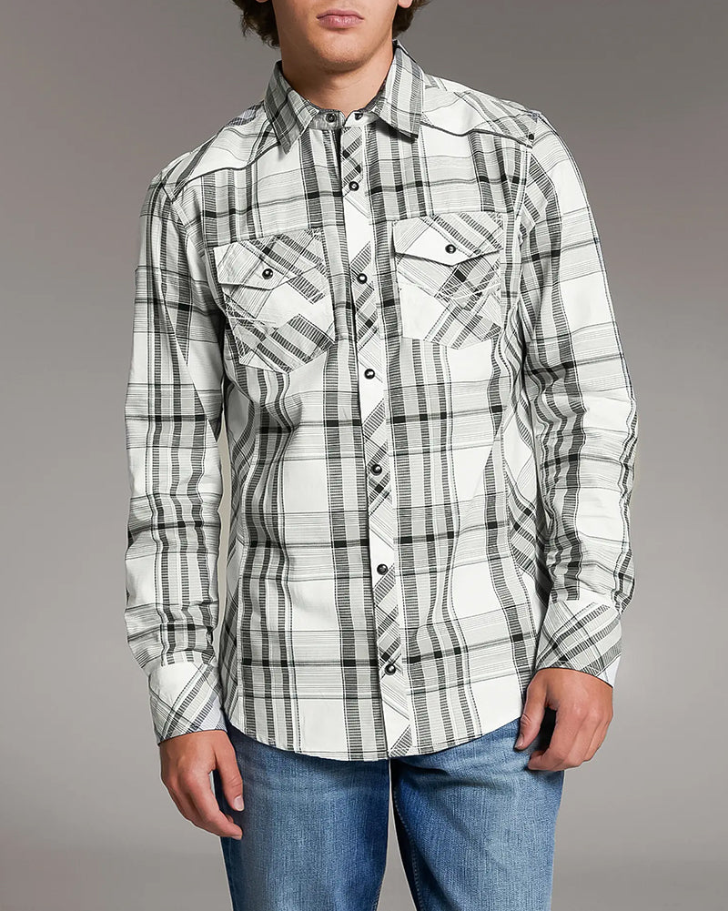 Contrast Trim Western Plaid Snap Shirt