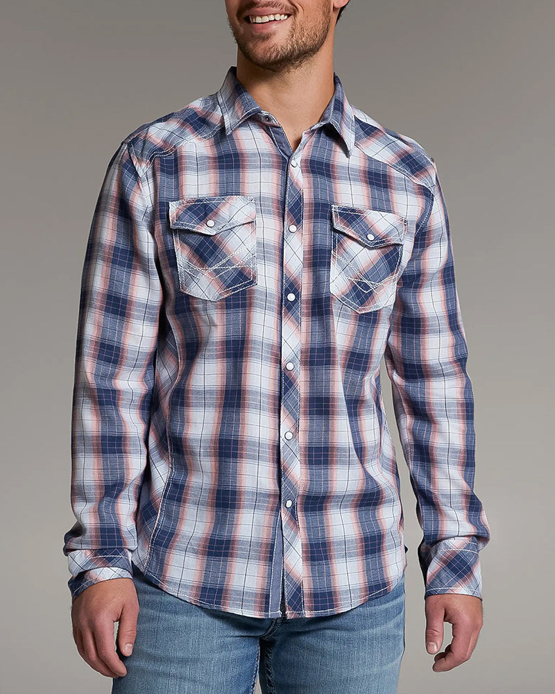 Navy Coral Athletic Plaid Snap Shirt
