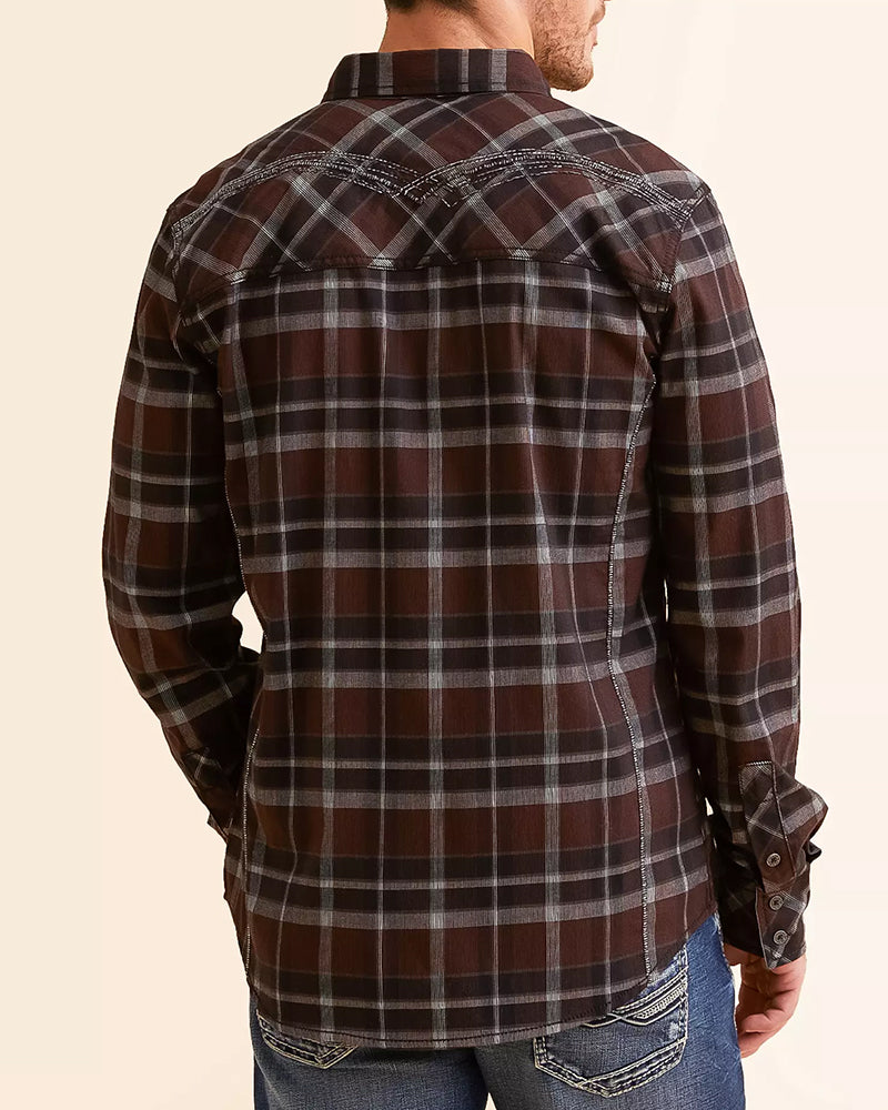 Maroon Black Contrast Cuff Athletic Plaid Shirt