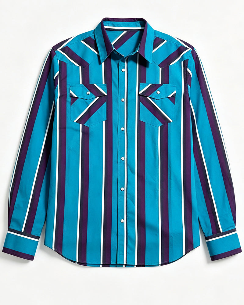 Men's Three Tone Vertical Striped Long Sleeve Western Shirt