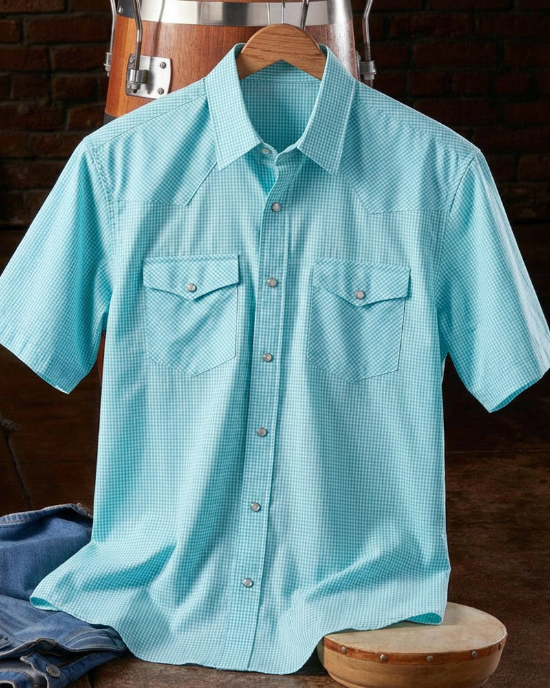 Turquoise Gingham Dual Chest Pocket Short Sleeve Shirt