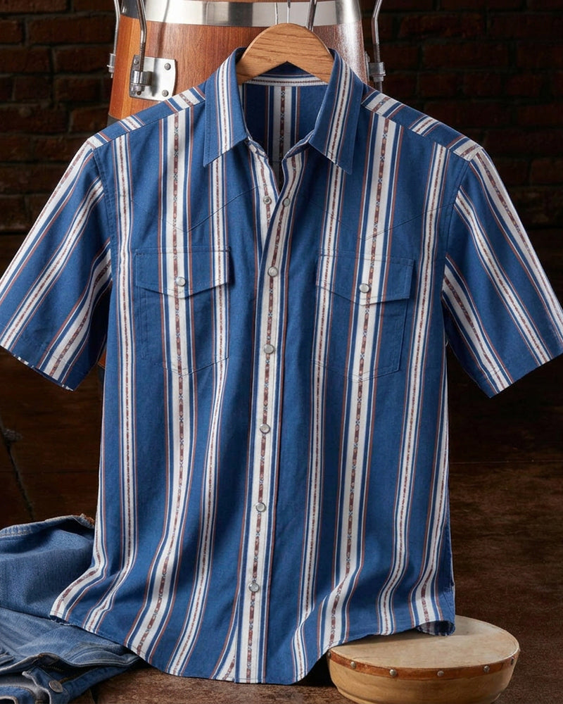 Royal Blue Vertical Stripe Dual Pocket Short Sleeve Shirt