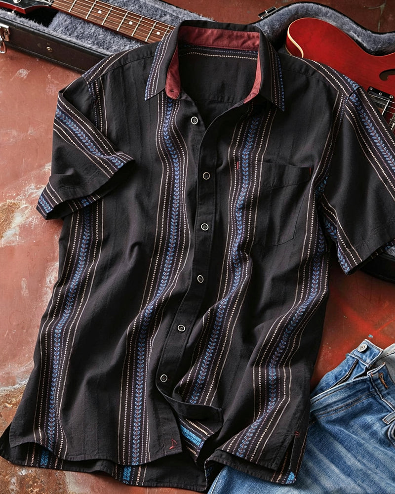 Men's Black Multi Striped Short Sleeve Button-Up Shirt