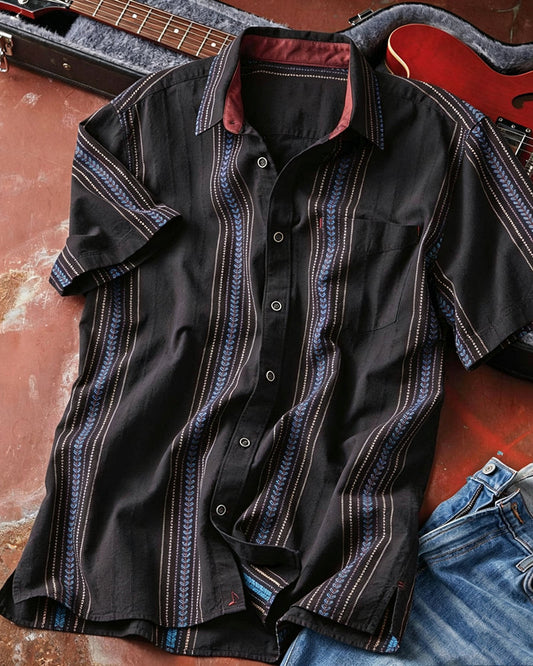 Men's Black Multi Striped Short Sleeve Button-Up Shirt