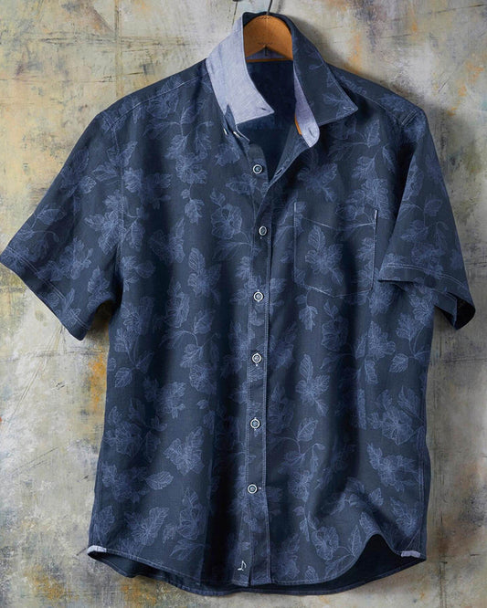 Navy Leaf Pattern Short Sleeve Shirt