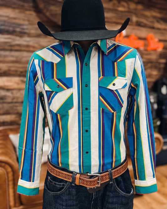 Multi Color Vertical Striped Long Sleeve Pearl Snap Dual Pocket Western Shirt