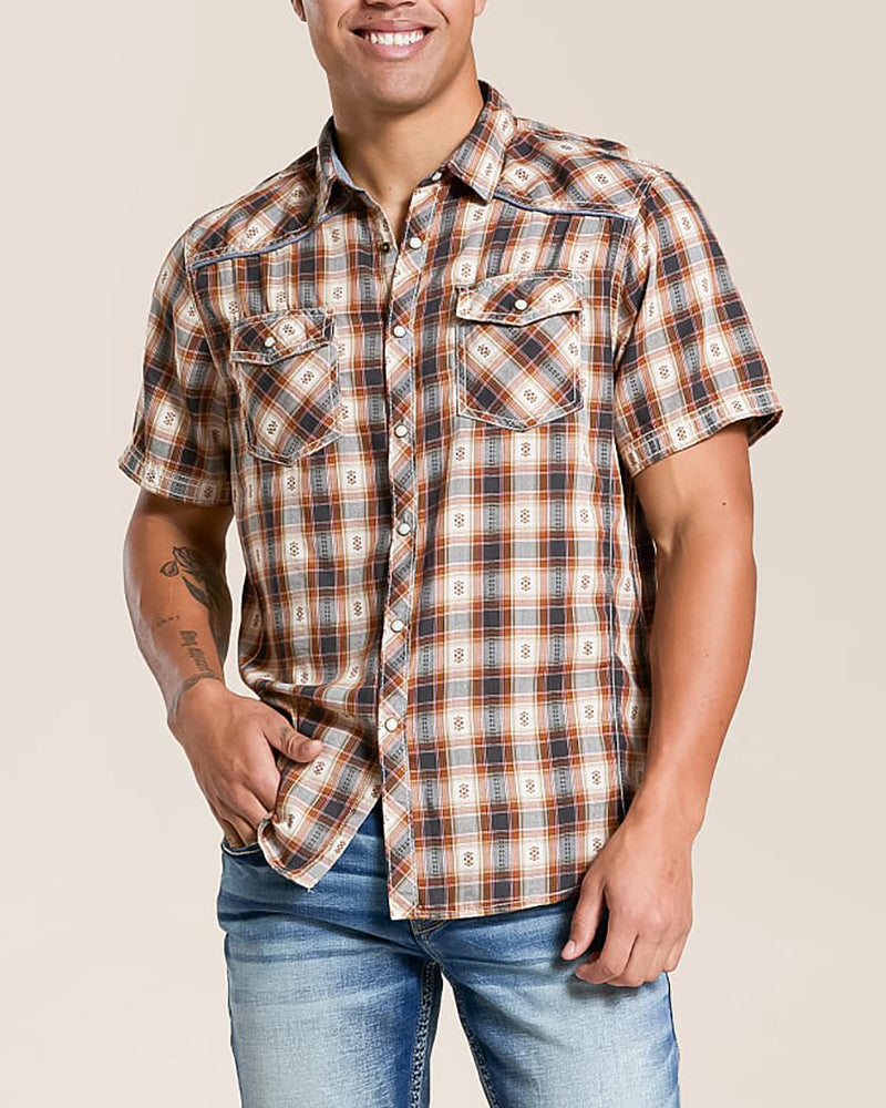 Tan Grey Plaid Snap Front Western Short Sleeve Shirt