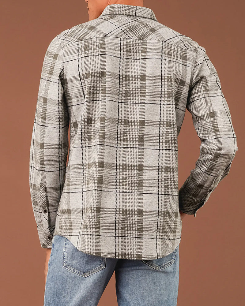 Neutral Tone Contrast Cuff Plaid Shirt