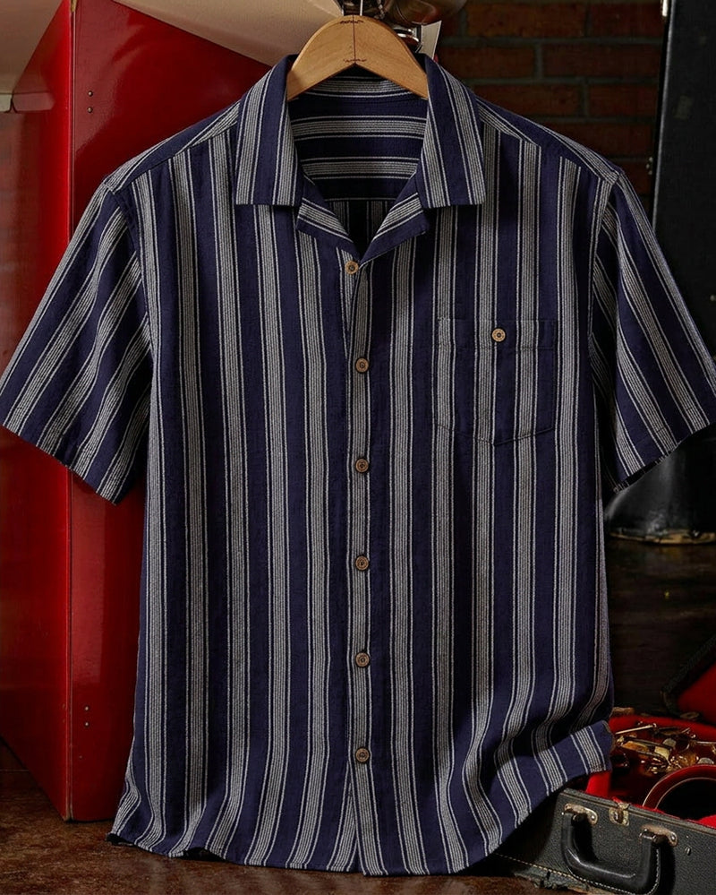 Navy Striped Single Pocket Button Front Casual Shirt