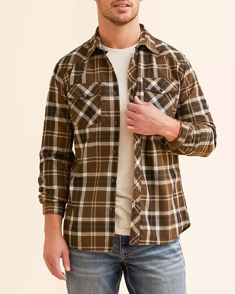 Brown Cream Rustic Standard Fit Snap Plaid Shirt