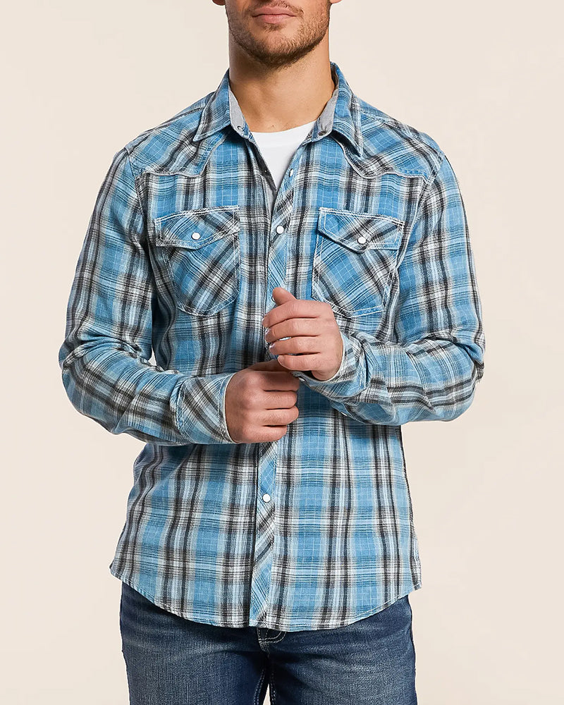 Blue Washed Western Athletic Plaid Shirt