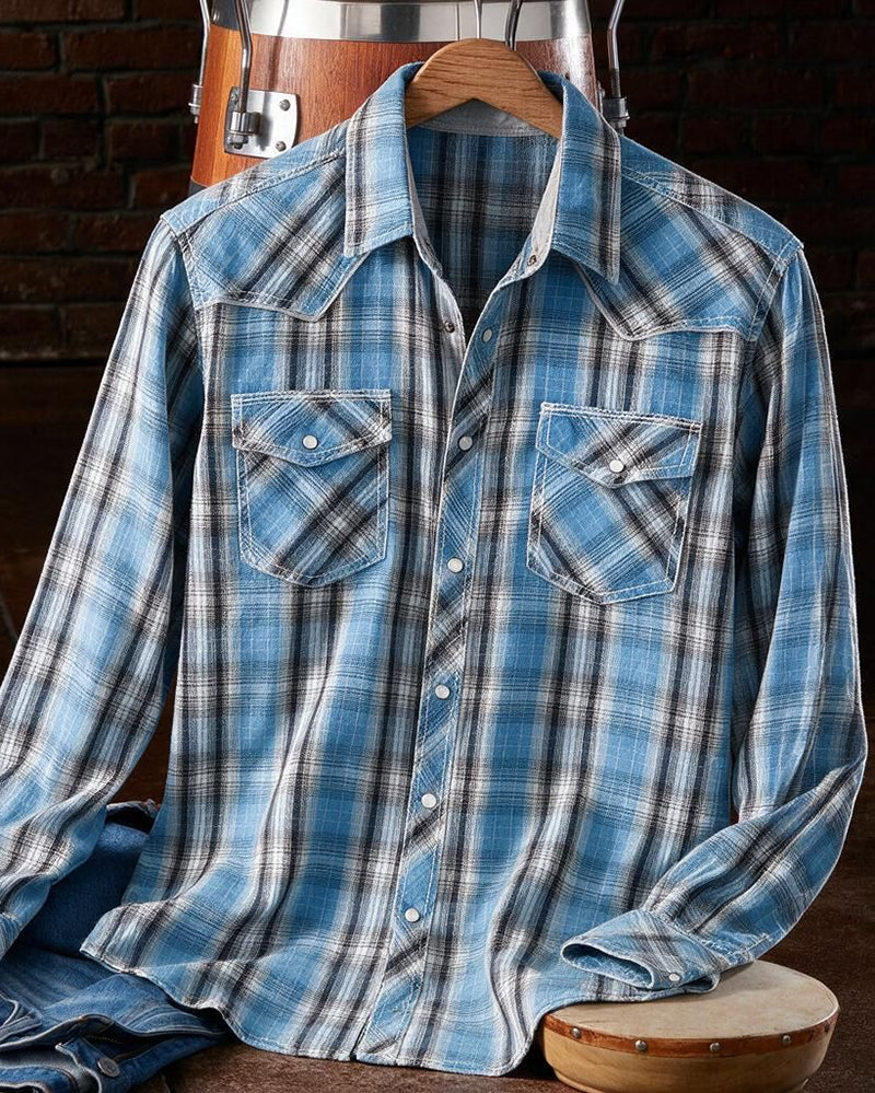 Blue Washed Western Athletic Plaid Shirt