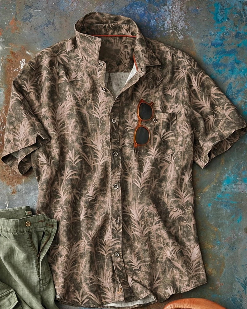 Men's Olive Leaf Print Short Sleeve Button-Up Shirt