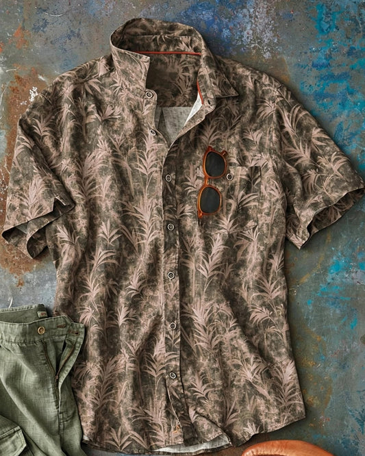 Men's Olive Leaf Print Short Sleeve Button-Up Shirt