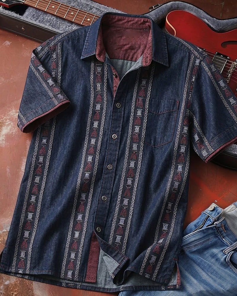 Ethnic Striped Short Sleeve Denim Shirt