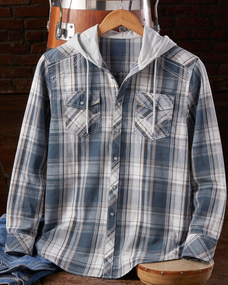 Blue Cream Plaid Contrast Hooded Western Long Sleeve Shirt