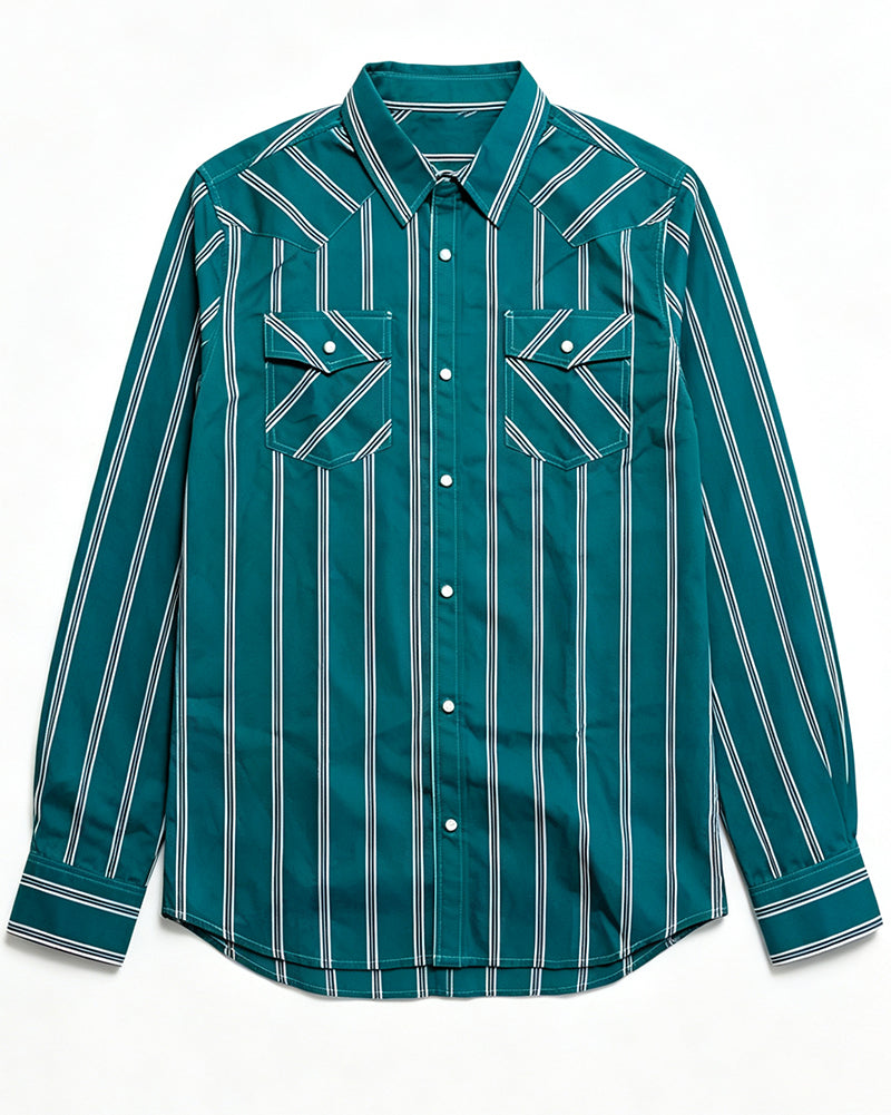Men's Vertical Striped Long Sleeve Pocket Western Shirt