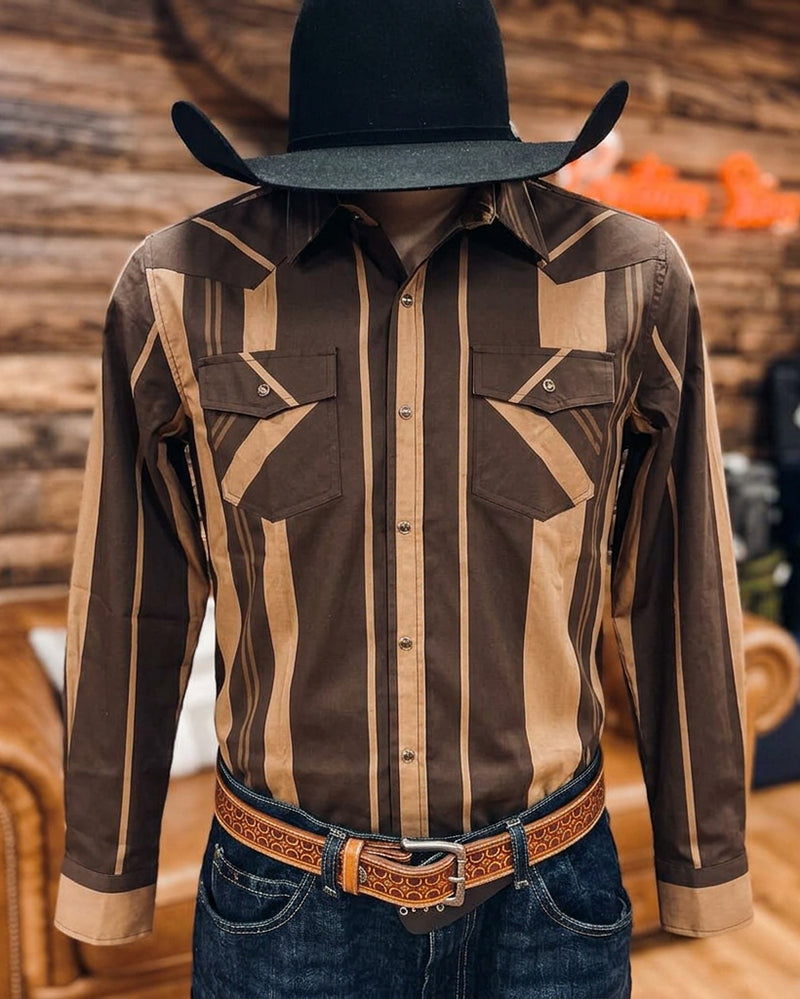 Men's Dual Tone Vertical Striped Point Yoke Western Shirt