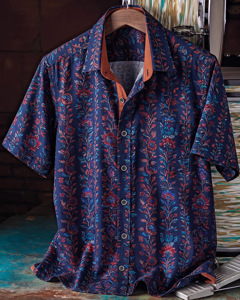 Navy Floral Pattern Short Sleeve Shirt