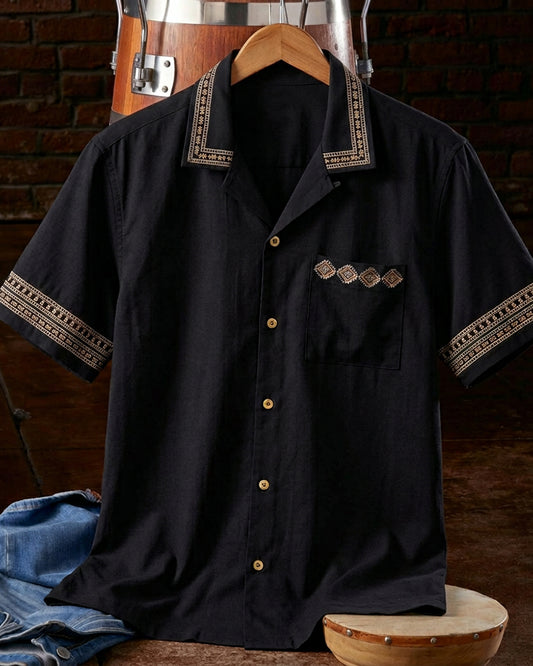 Men's Black Button Down Short Sleeve Chest Pocket Collared Shirt