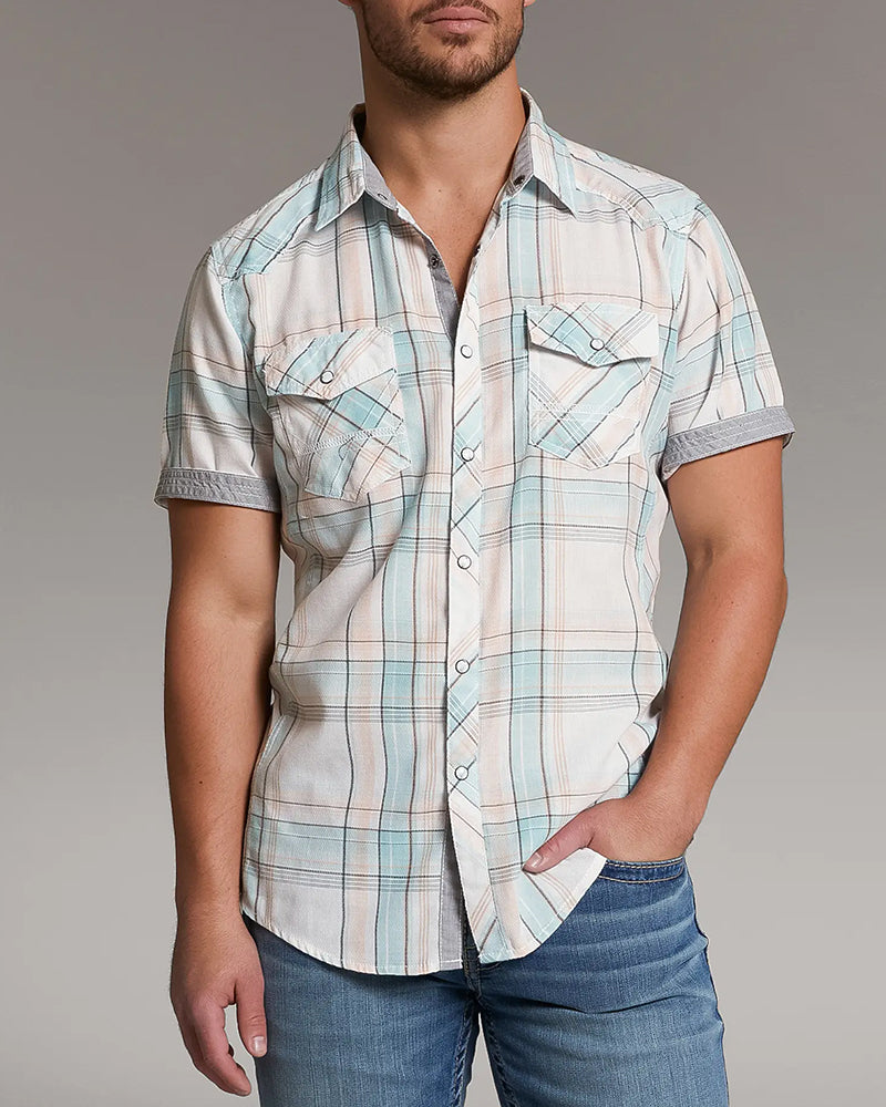 Short Sleeve Athletic Plaid Snap Shirt