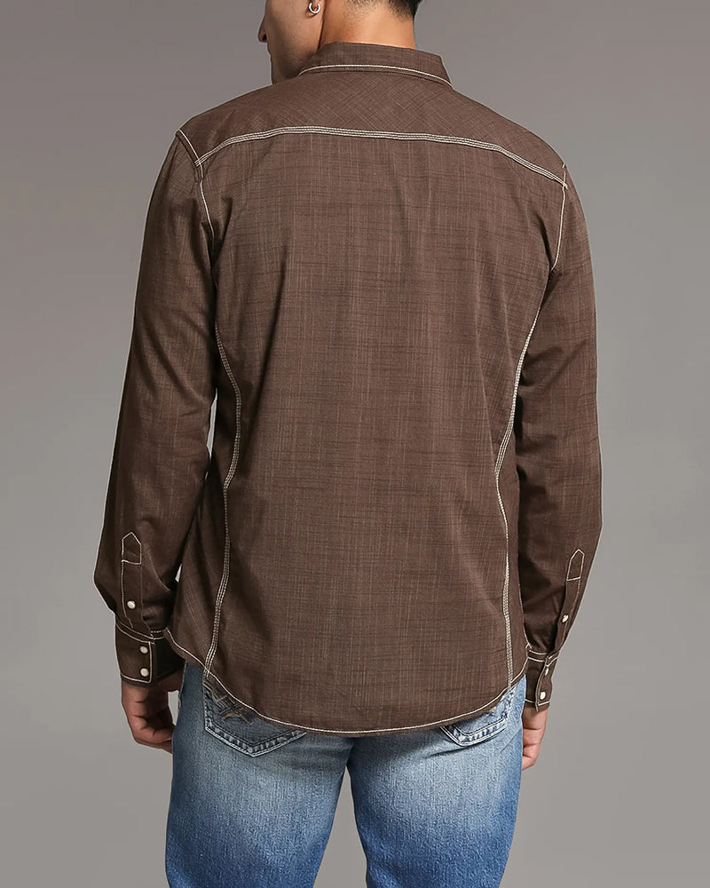 Solid Brown Athletic Western Long Sleeve Shirt