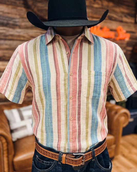 Men's Stripe Camp Collar Short Sleeve Shirt