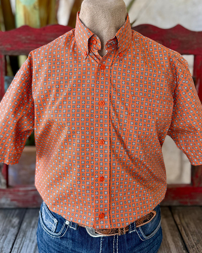 Men's Orange Print Short Sleeve Button-Down Shirt