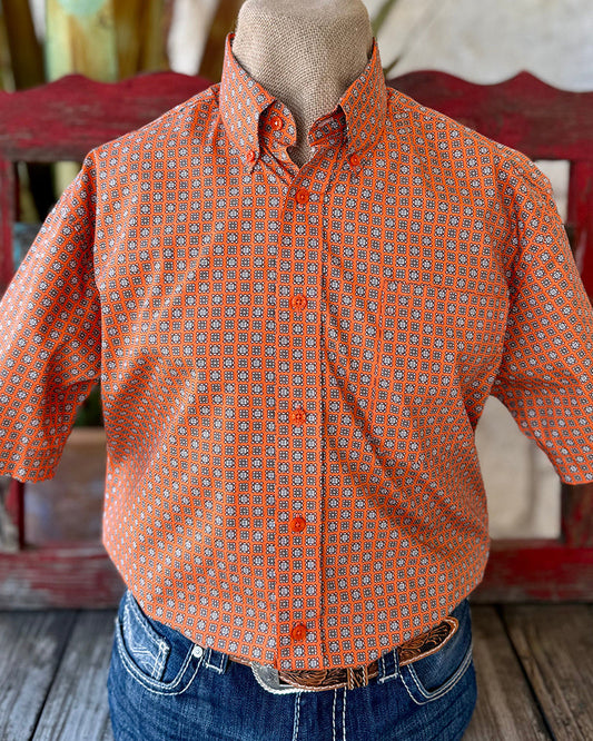 Men's Orange Print Short Sleeve Button-Down Shirt