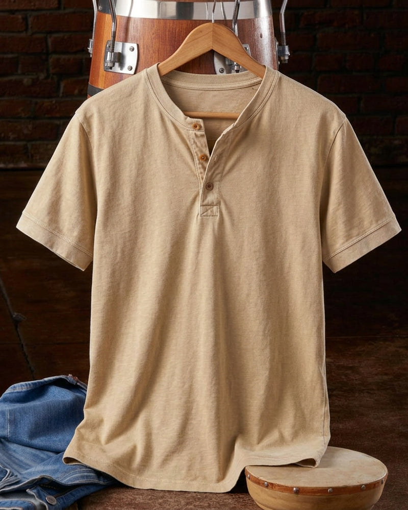 Men's Beige Button Placket Short Sleeve Henley T-Shirt