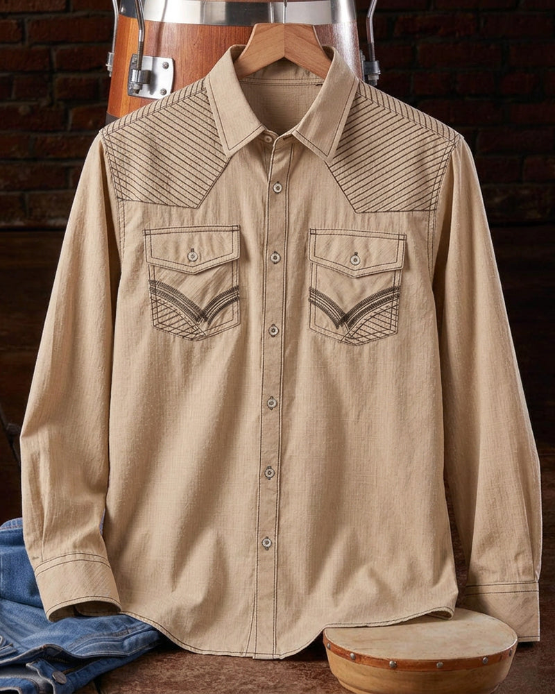 Tan Textured Western Casual Long Sleeve Shirt
