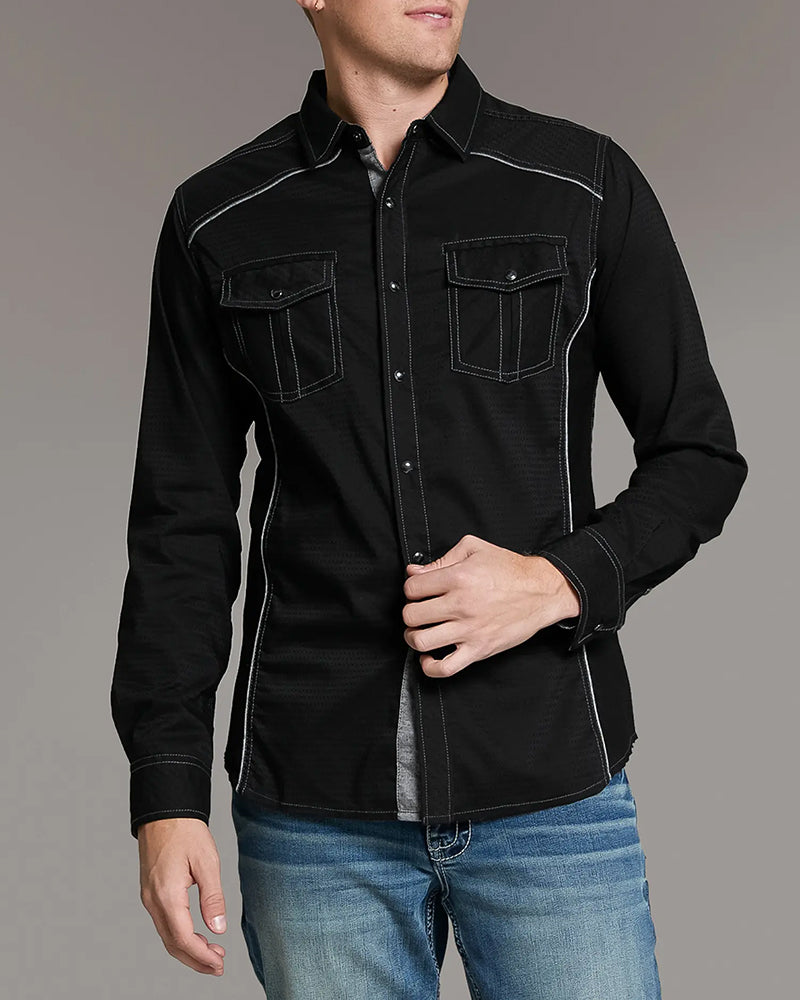 Black Contrast Trim Snap Long Sleeve Shirt