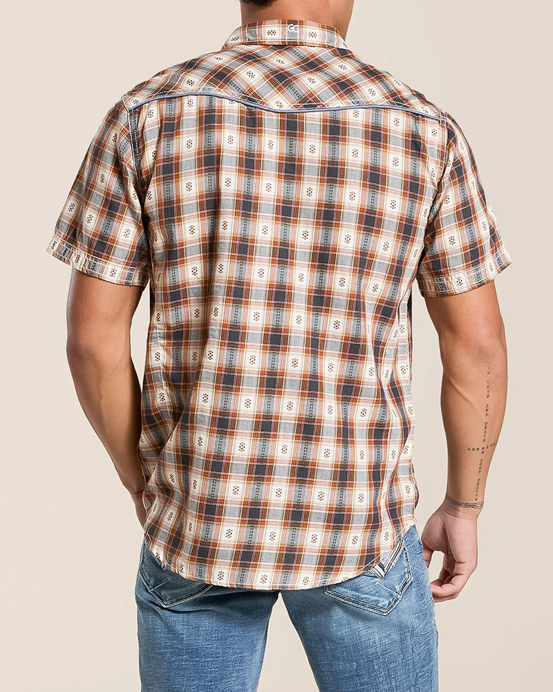 Tan Grey Plaid Snap Front Western Short Sleeve Shirt
