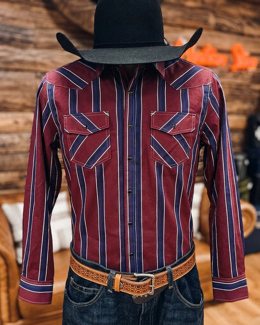 Men's Vertical Striped Long Sleeve Pearl Snap Dual Pocket Western Shirt