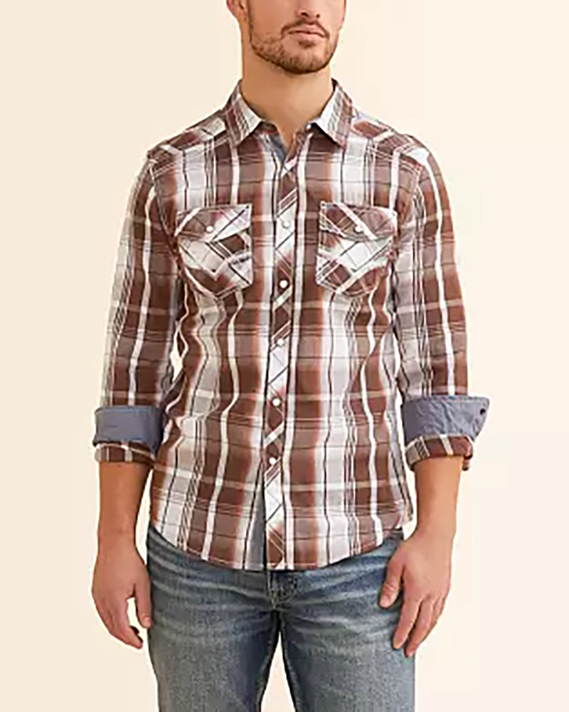 Burgundy White Tailored Fit Western Snap Plaid Shirt