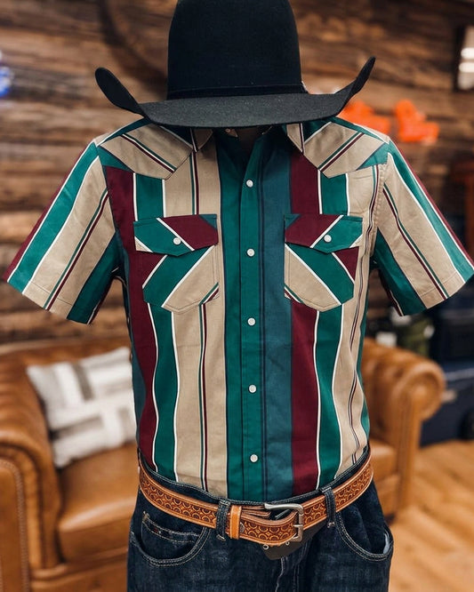 Vintage Color Block Striped Short Sleeve Shirt
